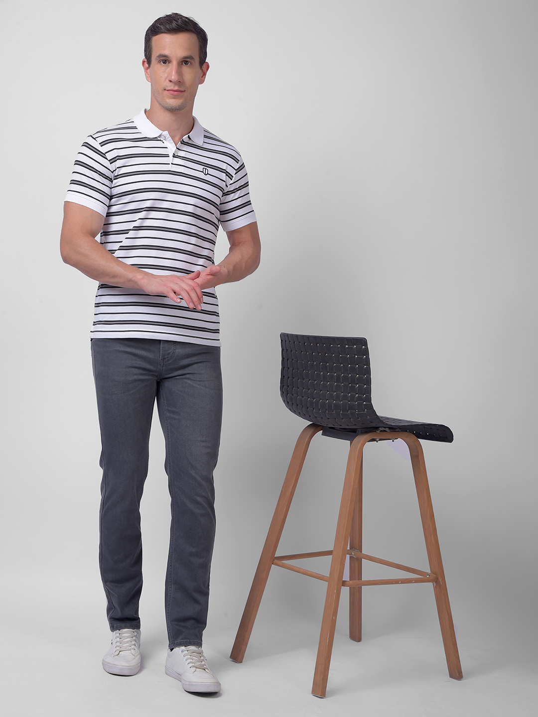 Numero Uno Men White & Black Striped Polo Neck T-Shirt